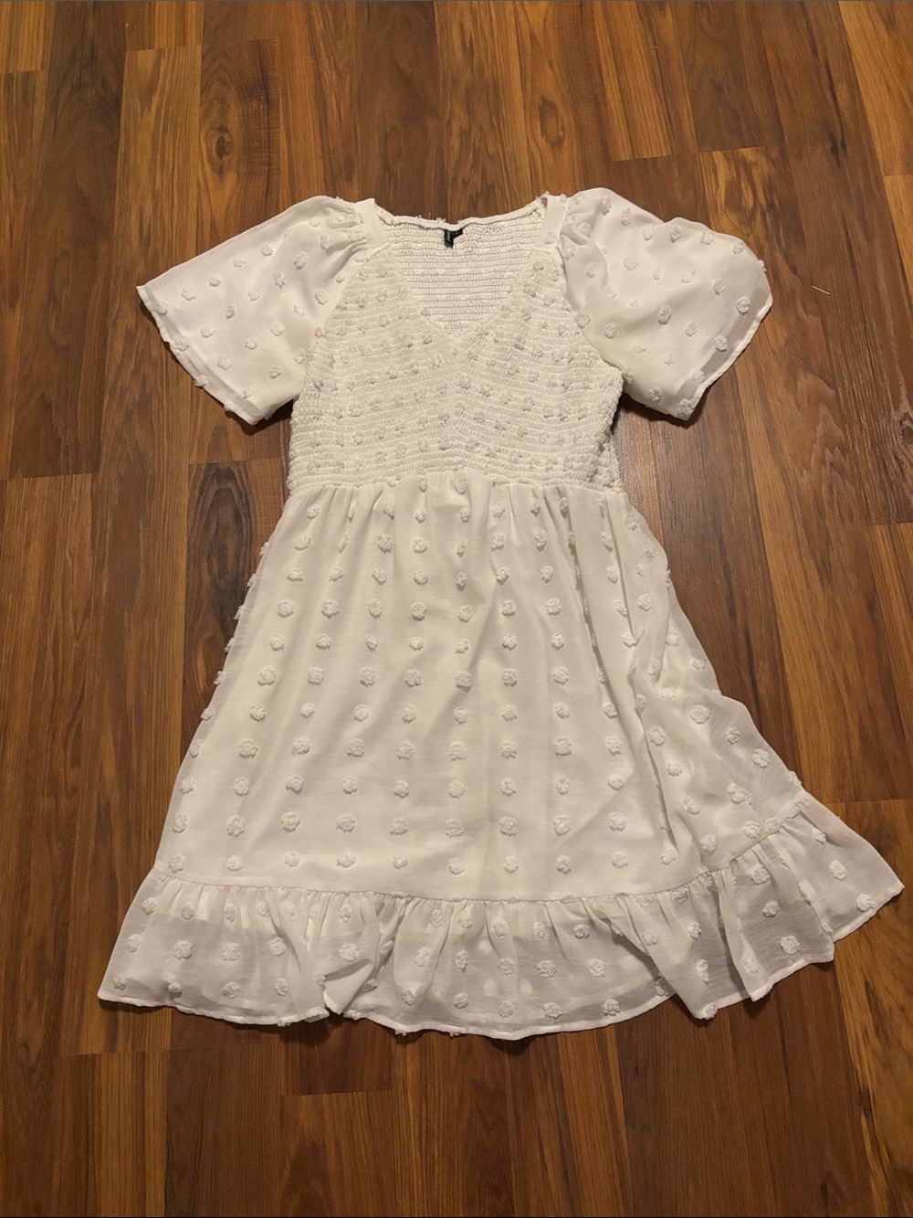 White Textured Dress with Ruffle Hem